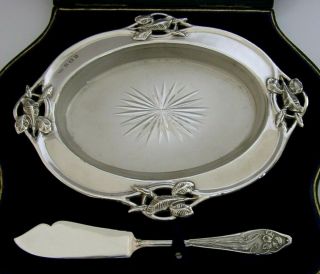 Cased Sterling Silver Iris Butter Dish And Spreader Set 1906 Antique Art Nouveau