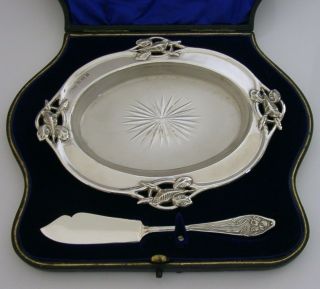 CASED STERLING SILVER IRIS BUTTER DISH AND SPREADER SET 1906 ANTIQUE ART NOUVEAU 2