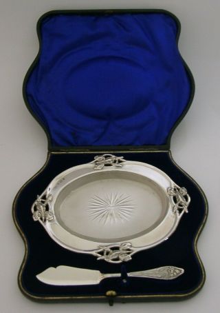 CASED STERLING SILVER IRIS BUTTER DISH AND SPREADER SET 1906 ANTIQUE ART NOUVEAU 3