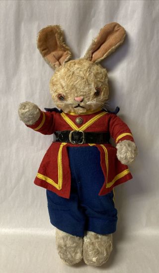 Antique Or Vintage Mohair Stuffed Rabbit Bunny Doll W/glass Eyes Soldier Uniform
