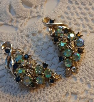 Vintage Silver Tone Earrings Green And Blue Rhinestone / Jewels & Leaf Clip On
