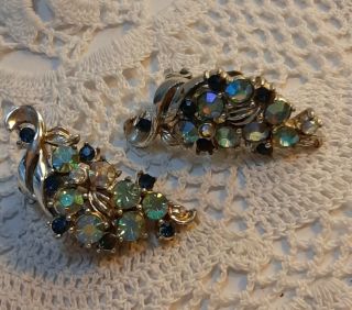 Vintage Silver Tone Earrings Green and Blue Rhinestone / Jewels & Leaf Clip On 2