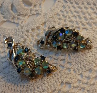 Vintage Silver Tone Earrings Green and Blue Rhinestone / Jewels & Leaf Clip On 3