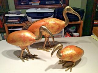 Set Of 3 Vintage Sarreid Ltd - Wood And Brass Ibis Bird Figures - Made In Italy