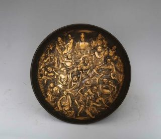 Qianlong Signed Old Chinese Carved Bronze Dish Plate With Buddha