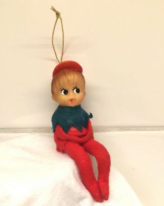 Vtg Boy Pixie Elf Felt Christmas Hugger Sitter Japan Ornament Rubber Cap Cute