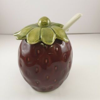 Vintage Ceramic Strawberry Hand Painted Jelly Jam Jar With Lid & Spoon Farmhouse