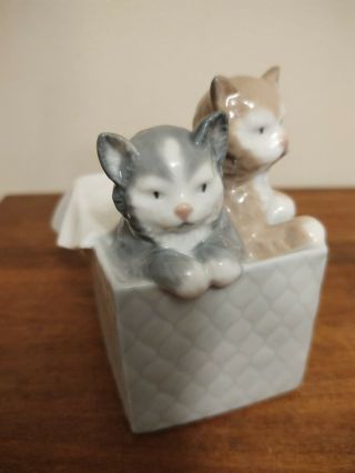 Vintage 1988 Nao By Lladro 2 Cats Kittens In A Gift Box Basket Ceramic Figurine