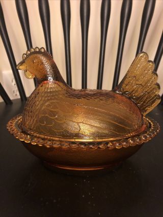 Vintage Indiana Glass Amber Chicken/hen On Nest Candy Dish