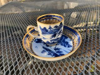 Gorgeous 18th Century Chinese Blue And White Cup And Saucer Gold Edition