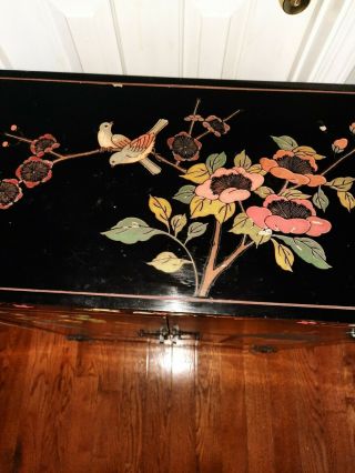 Vintage Black Lacquer Chinese Scholars Cabinet Hand Painted With Asian Designs 3