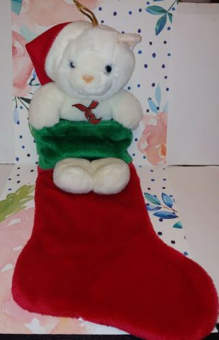 Vintage Geppeddo Plush White Cat 23 " Christmas Stocking Santa Hat Kitten