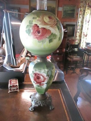 Large C1880’s Antique Hand Painted Milk Glass Gwtw Center Draft Banquet Oil Lamp