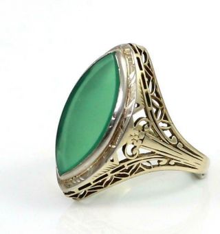 Vintage Solid 10k Yellow Gold Filigree Bezel Marquise Chrysoprase Ring Size 4.  5