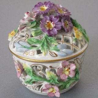 Antique Dresden Hp Reticulated Porcelain Potpourri Encrusted Flowers Thieme
