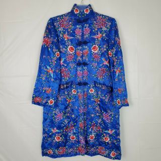 Vtg Sz 36 Embroidered Chinese Plum Blossoms Blue Robe Duster Jacket Coat Kimono