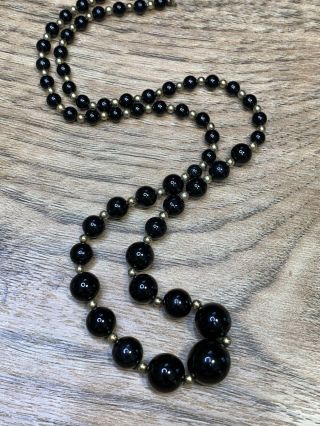 Vintage 1950’s Black Glass & Brass Graduated Glass Bead Event 24”necklace