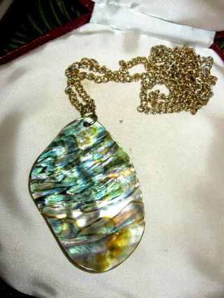 Wonderful Vintage Goldtone Large Abalone Paua Shell Pendant Necklace