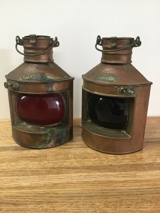 Tung Woo Copper Port & Starboard Nautical Ship Oil Lamps Lanterns Bookends G2