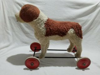 Antique Steiff? St.  Bernard Dog Pull Toy On Wheels Ride On Primitive Worn