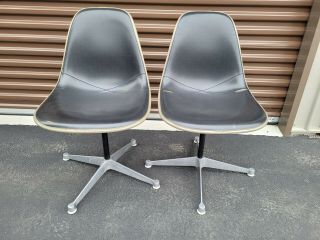 Pair Vintage Herman Miller Eames Naugahyde Fiberglass Shell Chair Swivel Base 1