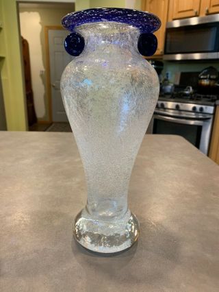 Vintage Blenko Controlled Bubble Art Glass Vase Clear Blue Applied Handles