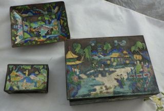 Old Chinese Repousse Cloisonne Enamel Humidor Set,  Match Box,  Tray And Lge Box
