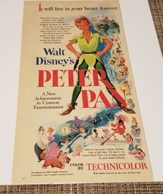 Vintage 1953 Peter Pan Walt Disney Movie Ad Cartoon Animated 50 