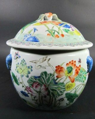 Large Antique Porcelain Famille Verte Rose Chinese Lidded Bowl Ginger Jar Vase