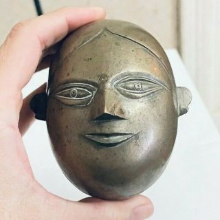 Rare Vintage Antique 3.  5 " Brass Bronze African Mask Face Trinket Box Look Wow Nr