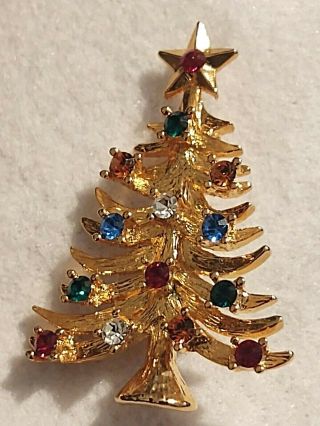 Vintage Eisenberg Ice Christmas Tree Pin Signed Brooch Gold Tone Colorful Gems