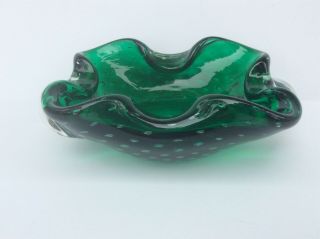 Vintage Murano Style Handblown Emerald Green Controlled Bubbles Ashtray