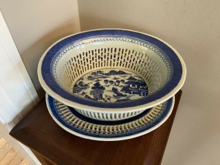 Antq Chinese Blue White Reticulated Oval Canton Porcelain Fruit Bowl & Platter