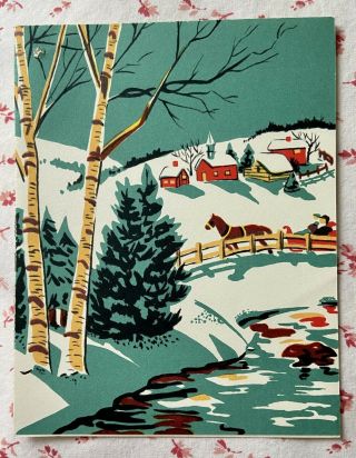 Vintage Early Mid Century Christmas Folk Art Snow Sleigh Scene Greeting Card