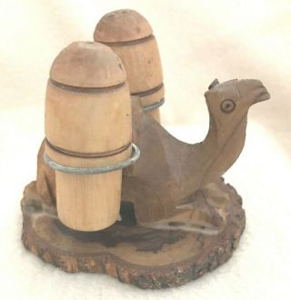 Vintage Unique Carved Wood Camel On A Wood Base Holding A Salt & Pepper Shakers