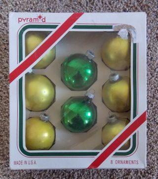 Box 8 Vtg Christmas Neon Lemon Lime Green Mercury Glass Ball Ornaments 2 1/4 "