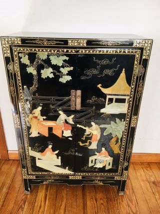 Vintage Chinese Black Lacquer Hand Painted Cabinet