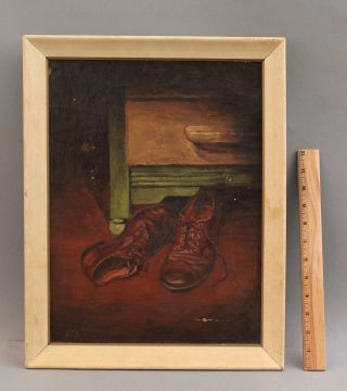 Antique Artist Signed Still Life Oil Painting Of Mens Leather Shoes Nr
