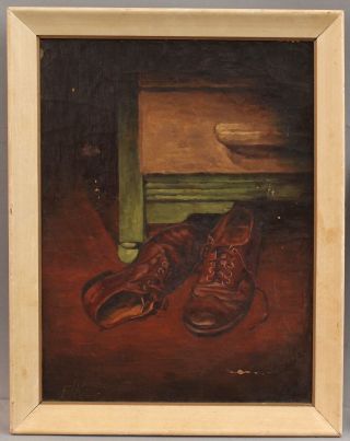 Antique Artist Signed Still Life Oil Painting of Mens Leather Shoes NR 2