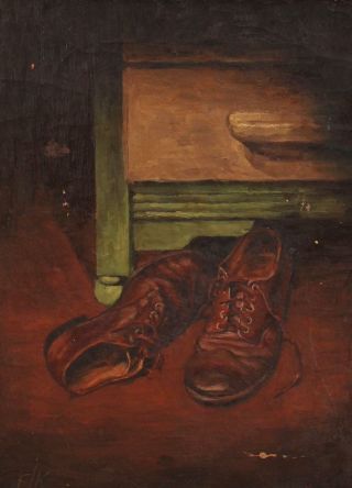 Antique Artist Signed Still Life Oil Painting of Mens Leather Shoes NR 3