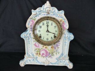 Antique Royal Bonn Ansonia La Mosella Porcelain Mantle Shelf Clock Floral Motif