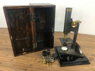 R & J Beck London Brass Microscope W/ Accessories Wood Case Lens