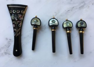 Antique 4/4 Ebony Violin Tailpiece And 4 Pegs With Floral Mother Of Pearl Inlay