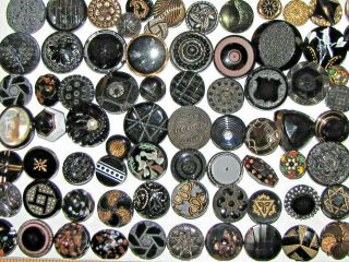 80 Assorted Antique & Vintage Black Glass Buttons Victorian Mourning & More