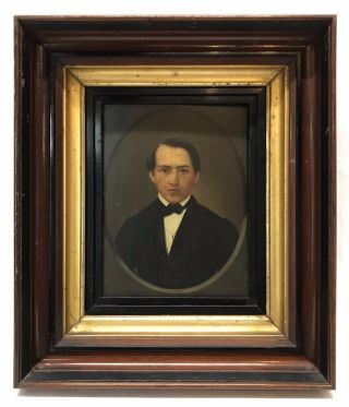 Antique 1855 Mid 19th C Gentleman Young Man Portrait Oil Painting On Wood Signed