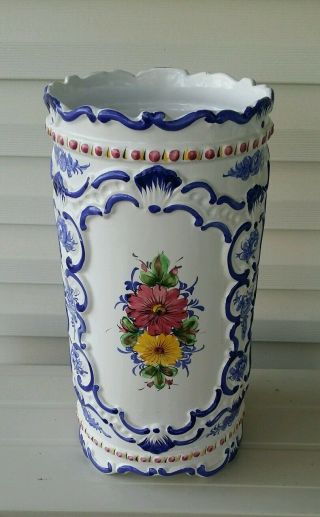 Ceramic Umbrella Stand /cane Floor Vase Embossed Floral Made In Portugal Signed