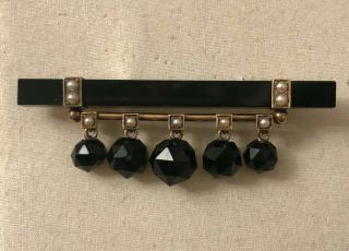 Antique 14k Yellow Gold Victorian Mourning Pin Or Brooch With Onyx & Seed Pearls