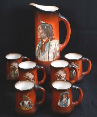 Antique 7pc Tst Taylor Smith Taylor Indian Pitcher & 6 Mug Set Brown Red 13.  75 " H