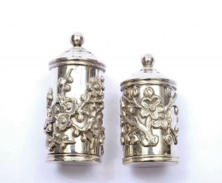 1930 ' s Chinese Solid Silver Repousse Salt & Pepper Plum Flower Blossom Marked 2