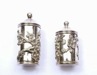 1930 ' s Chinese Solid Silver Repousse Salt & Pepper Plum Flower Blossom Marked 3